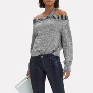 RtA Metallic Silver “Beckett” Off-Shoulder Sweater with Strap Detail